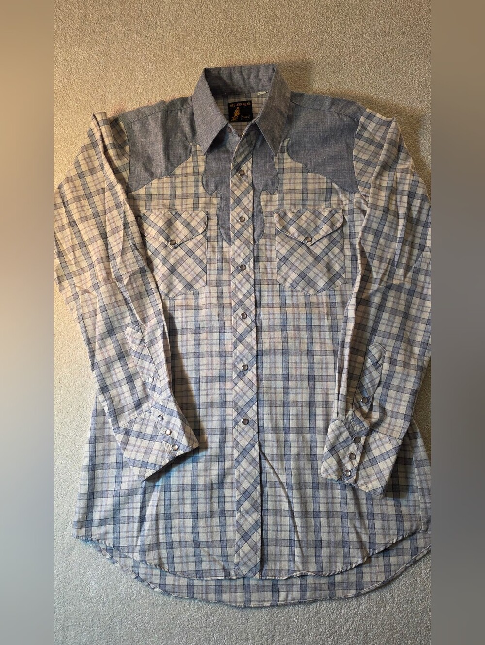 Vintage Western Wear Sears Blue Plaid Pearl Snap Long Sleeve Ornamental Yoke L
